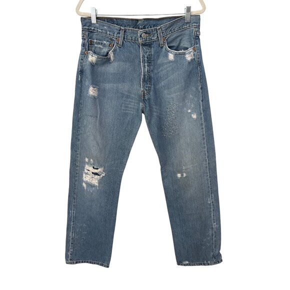 Vintage Levis 501 Distressed Denim Jeans 34x32 Straight Leg Blue Cotton Classic - Picture 1 of 12